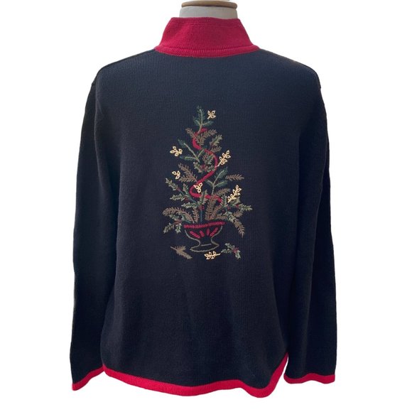 Vintage Breckenridge Embroidered Christmas Cardigan Black Zip Sz XL - Picture 1 of 13